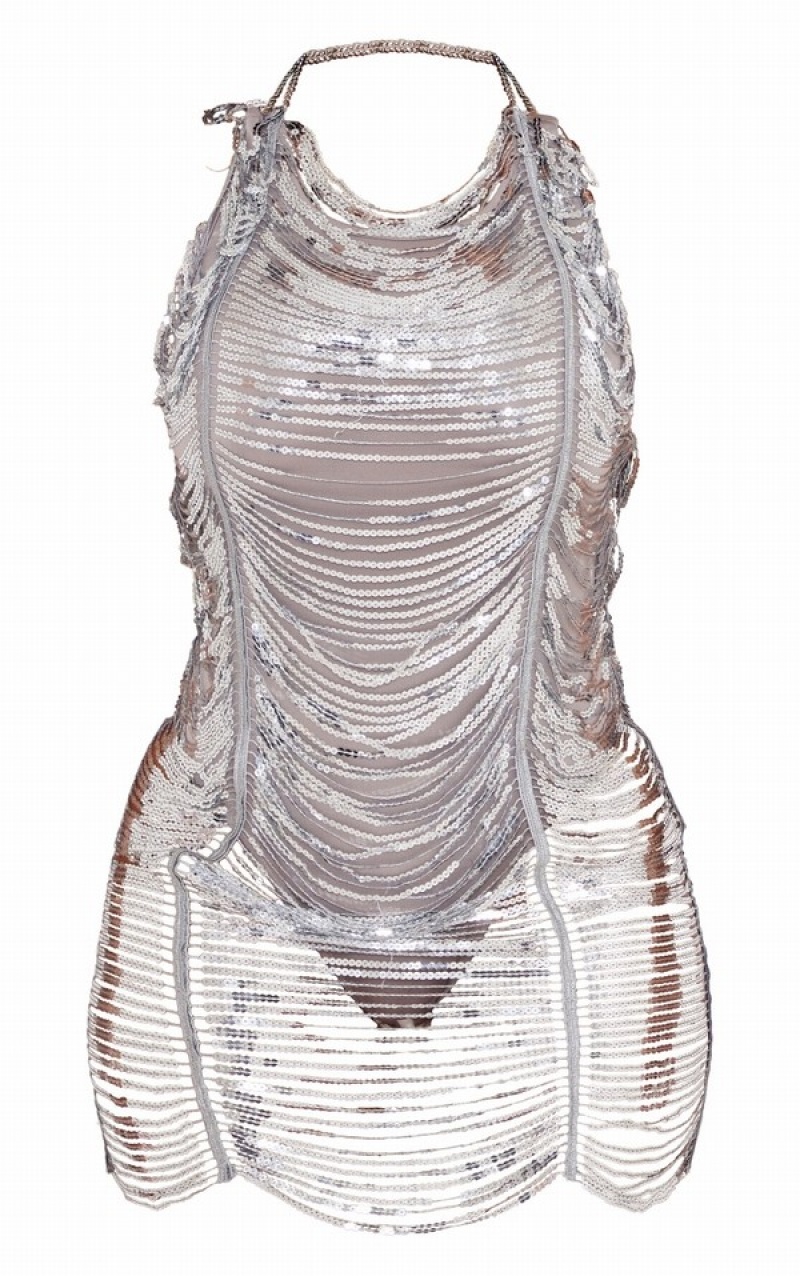 Rochie Pretty Little Thing Shape Drape Sequin Argintii | XOPR70153