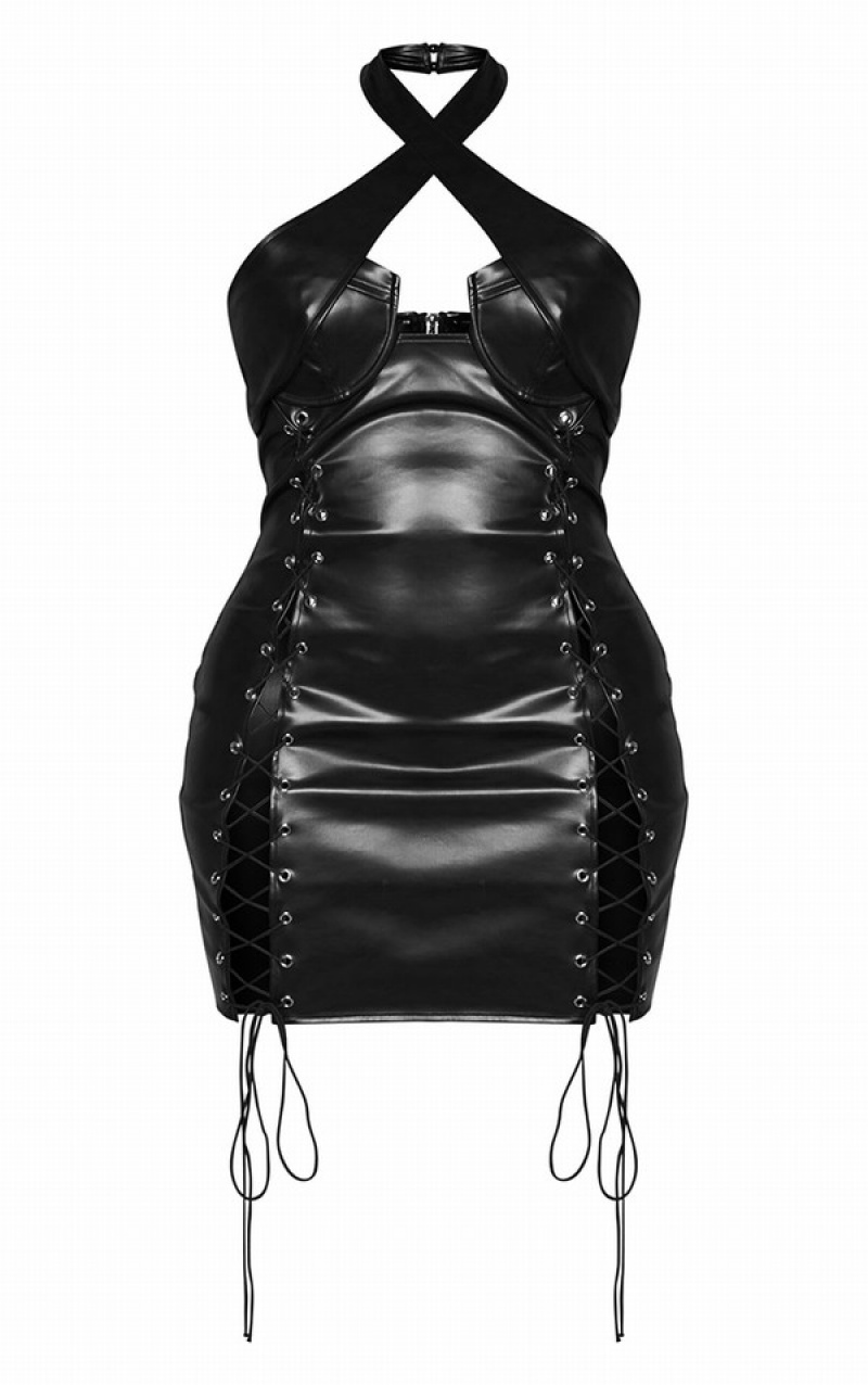 Rochie Pretty Little Thing Shape Faux Piele Dantela Upnded Trim Bodycon Negrii | FLCW34075