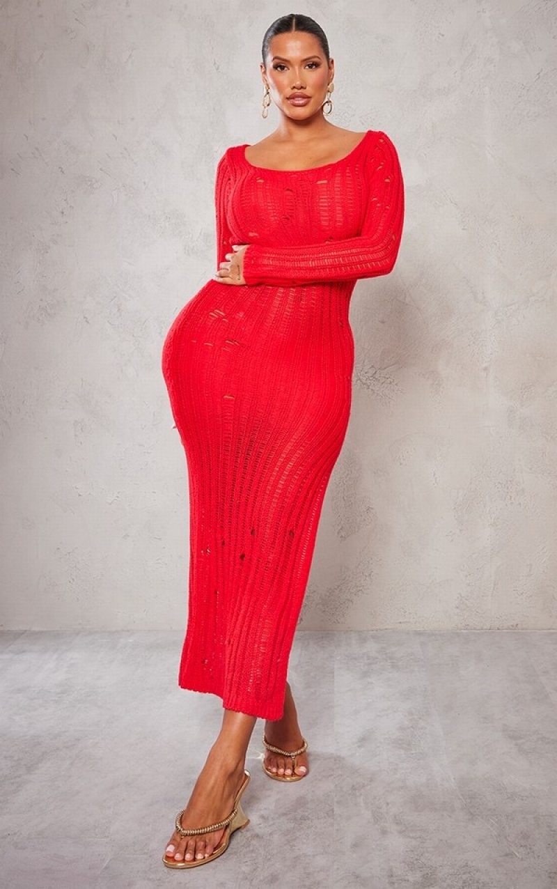 Rochie Pretty Little Thing Shape Knit Scoop Neck Long Sleeve Maxi Rosii | DHJC09372