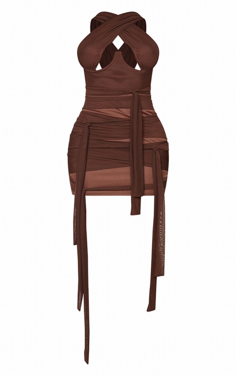 Rochie Pretty Little Thing Shape Mesh Wrap Neck Tie Detail Bodycon Ciocolata Maro | YOZC54728