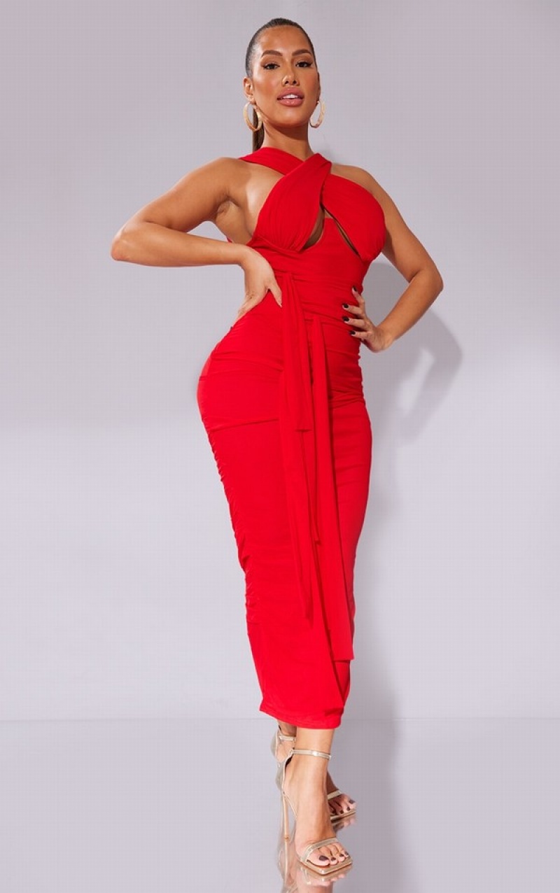 Rochie Pretty Little Thing Shape Mesh Wrap Neck Tie Detail Midaxi Rosii | XRAL17943