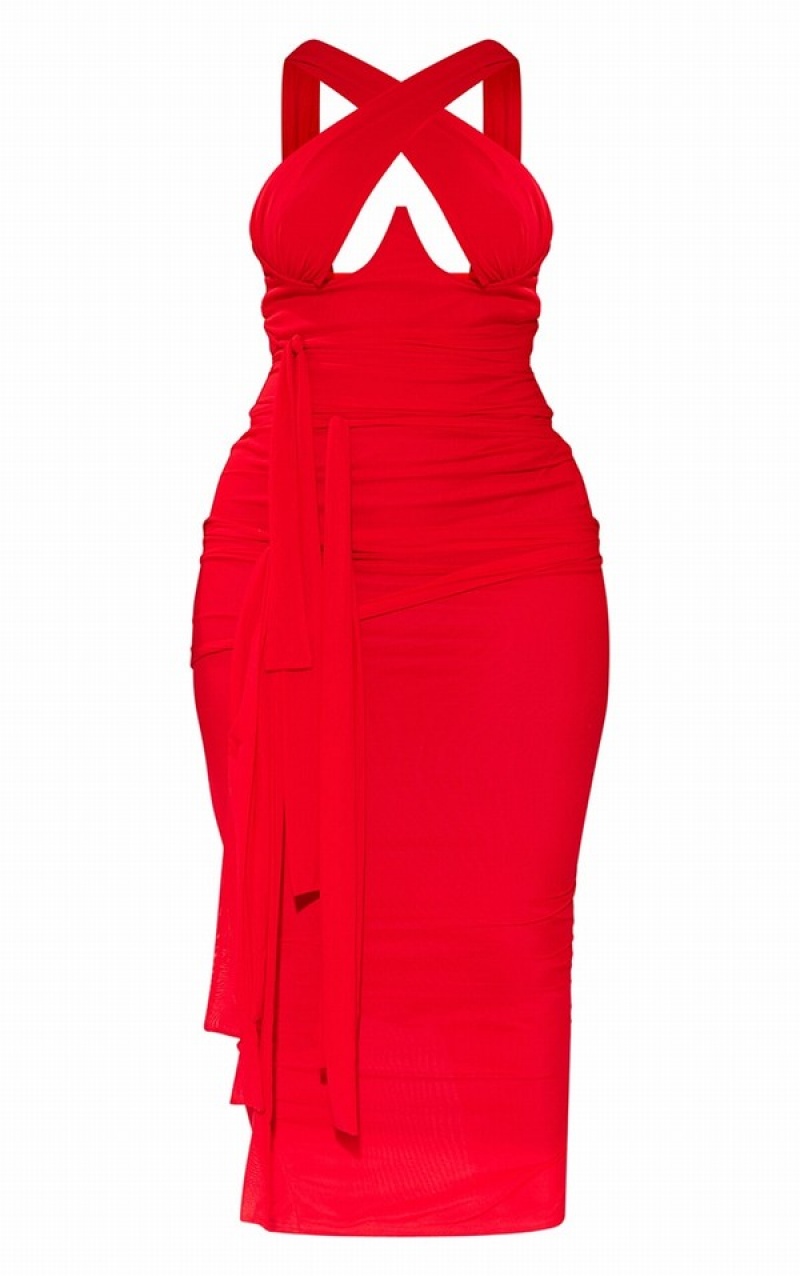 Rochie Pretty Little Thing Shape Mesh Wrap Neck Tie Detail Midaxi Rosii | XRAL17943