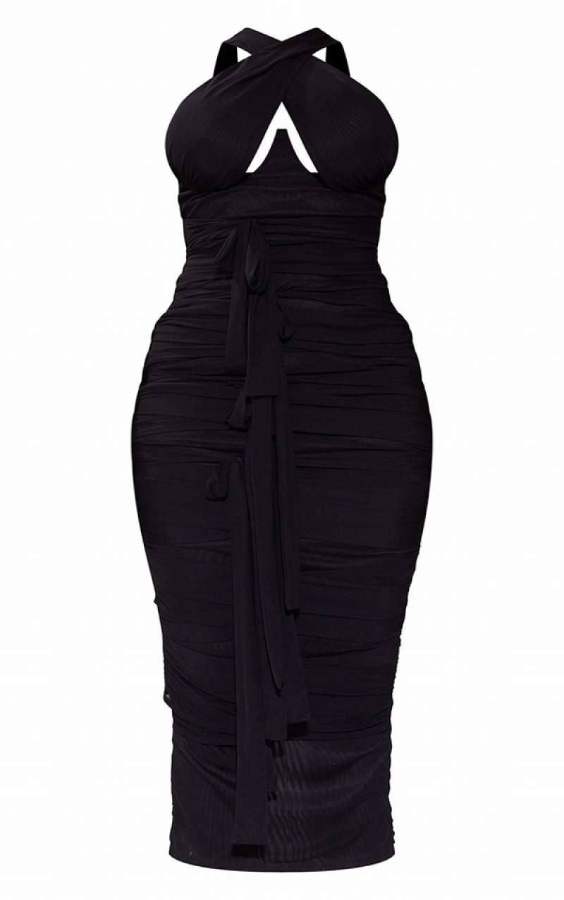 Rochie Pretty Little Thing Shape Mesh Wrap Neck Tie Detail Midaxi Negrii | JCRA75094