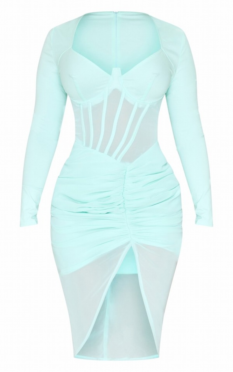 Rochie Pretty Little Thing Shape Mint Corset Detail Long Sleeve Ruched Verde Menta | HDZE63198