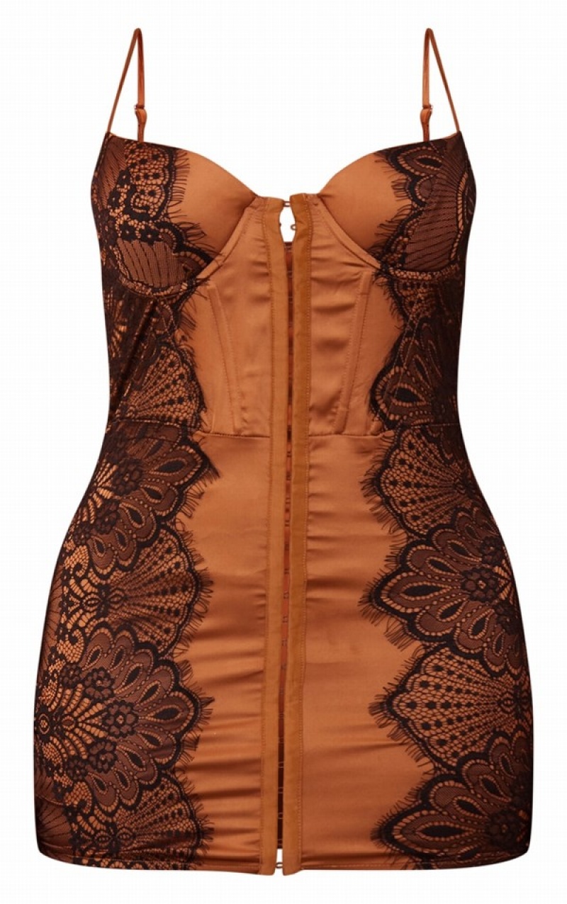 Rochie Pretty Little Thing Shape Mocha Satin Dantela Insert Hook And Eye Bodycon Bej | JEWY36941