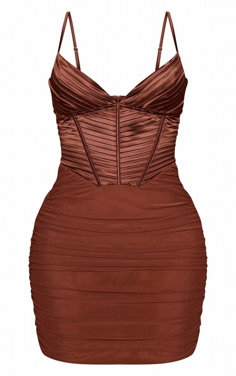 Rochie Pretty Little Thing Shape Satin Pleat Detail Corset Bodycon Ciocolata Maro | NWXP01762