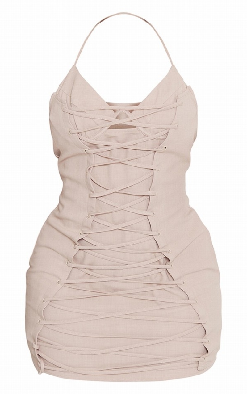 Rochie Pretty Little Thing Shape Stone Woven Dantela Up Halterneck Gri | HMQN73140