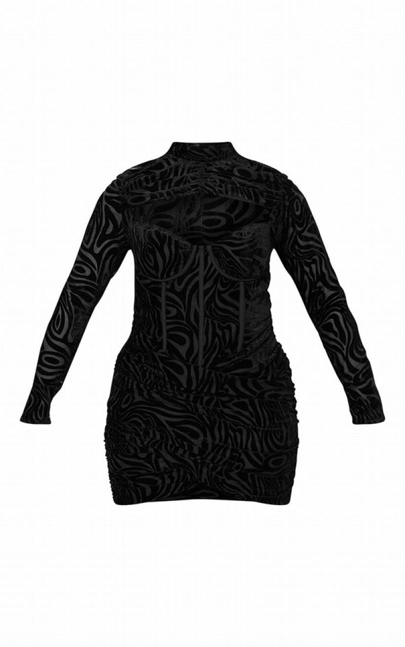 Rochie Pretty Little Thing Shape TextuVelvet Corset Detail High Neck Bodycon Negrii | IOMG89124