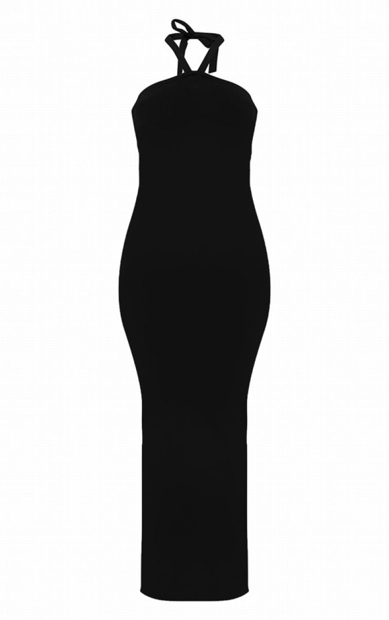 Rochie Pretty Little Thing Soft Knit Halter Tie Maxi Negrii | KINX52936