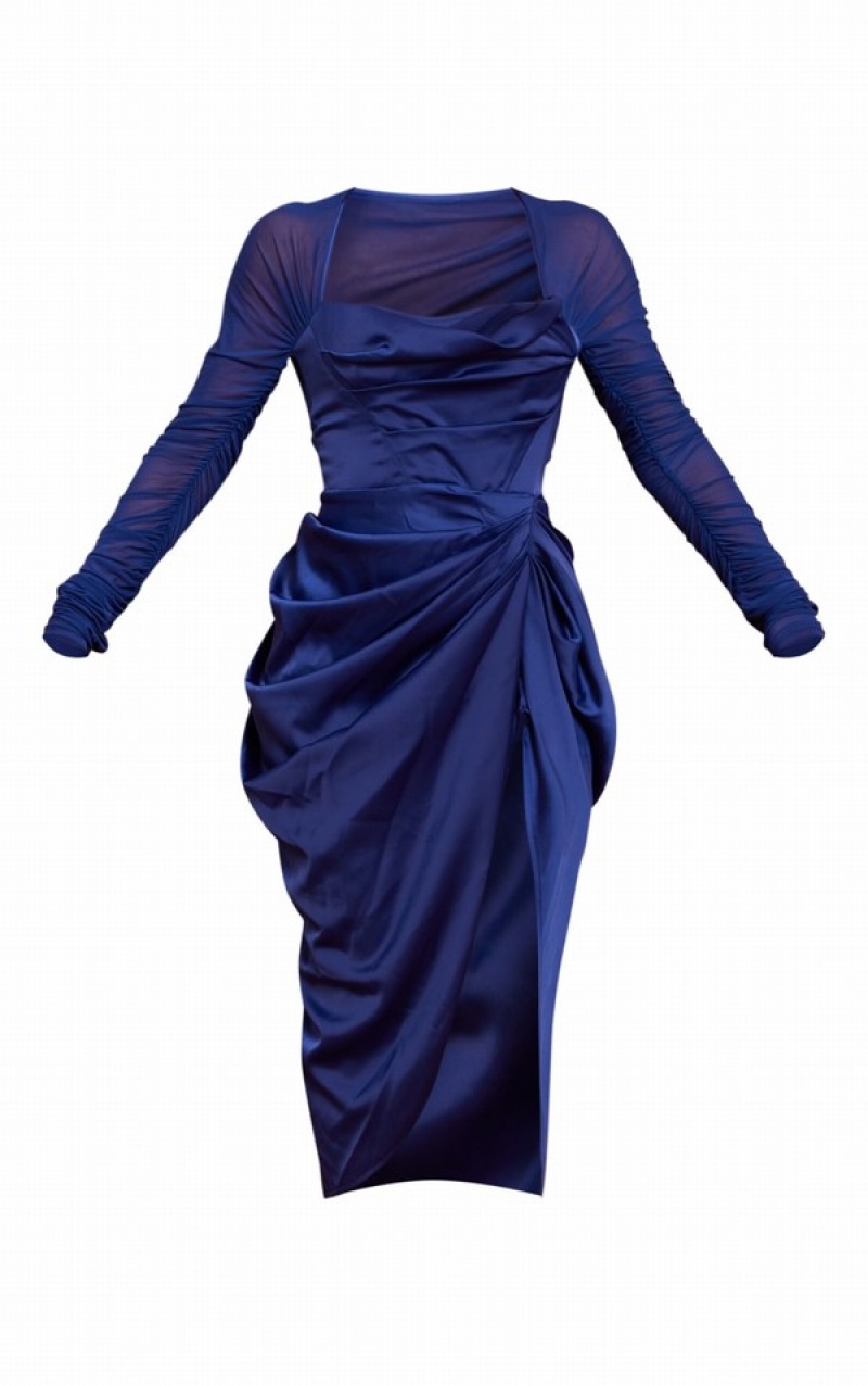 Rochie Pretty Little Thing Square Neck Ruched Mesh Sleeves Draped Bleumarin | OINE13542