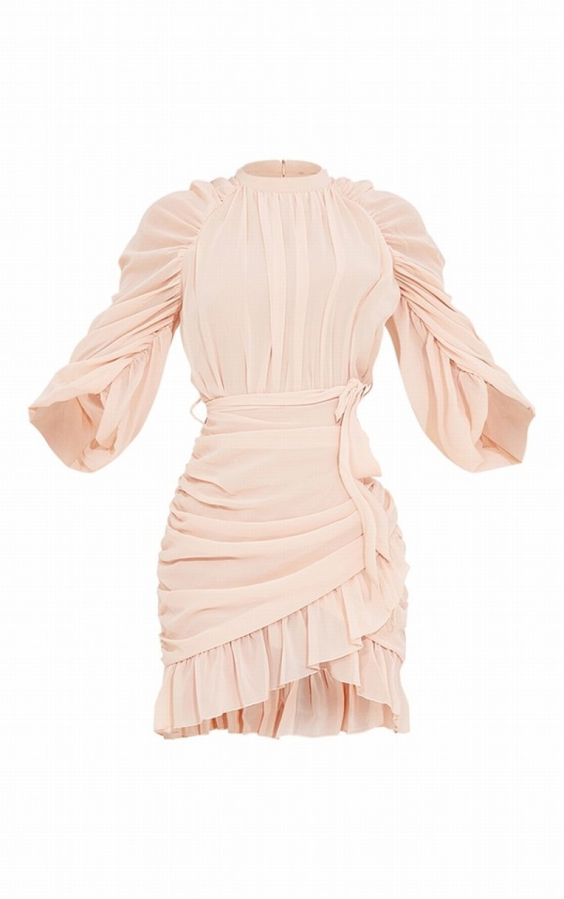 Rochie Pretty Little Thing Stone Chiffon Ruched Sleeves Frill Hem Bodycon Gri | TWPX96402