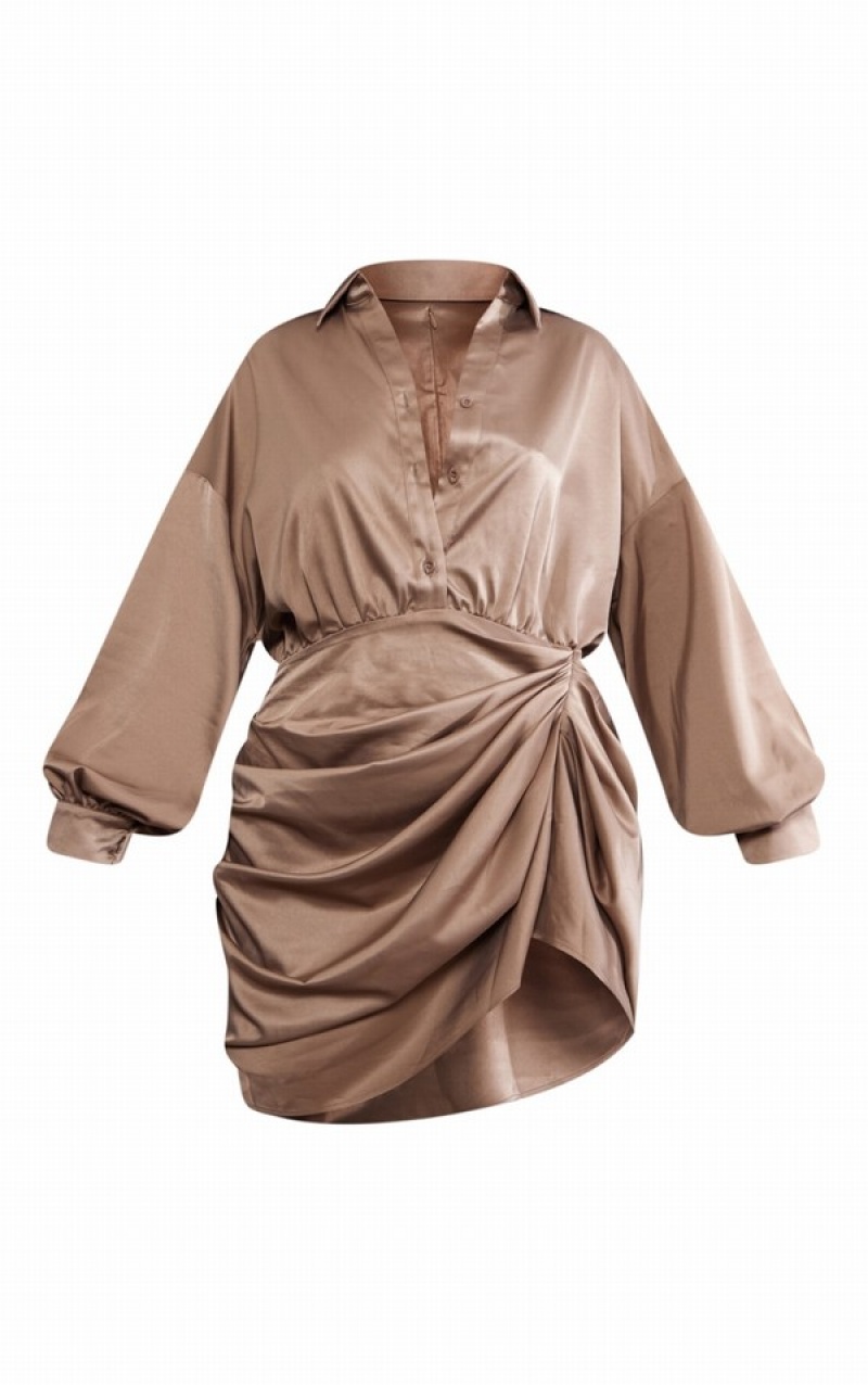 Rochie Pretty Little Thing Taupe Satin Drape Oversized Sleeve Gri Maro | OJAZ06495