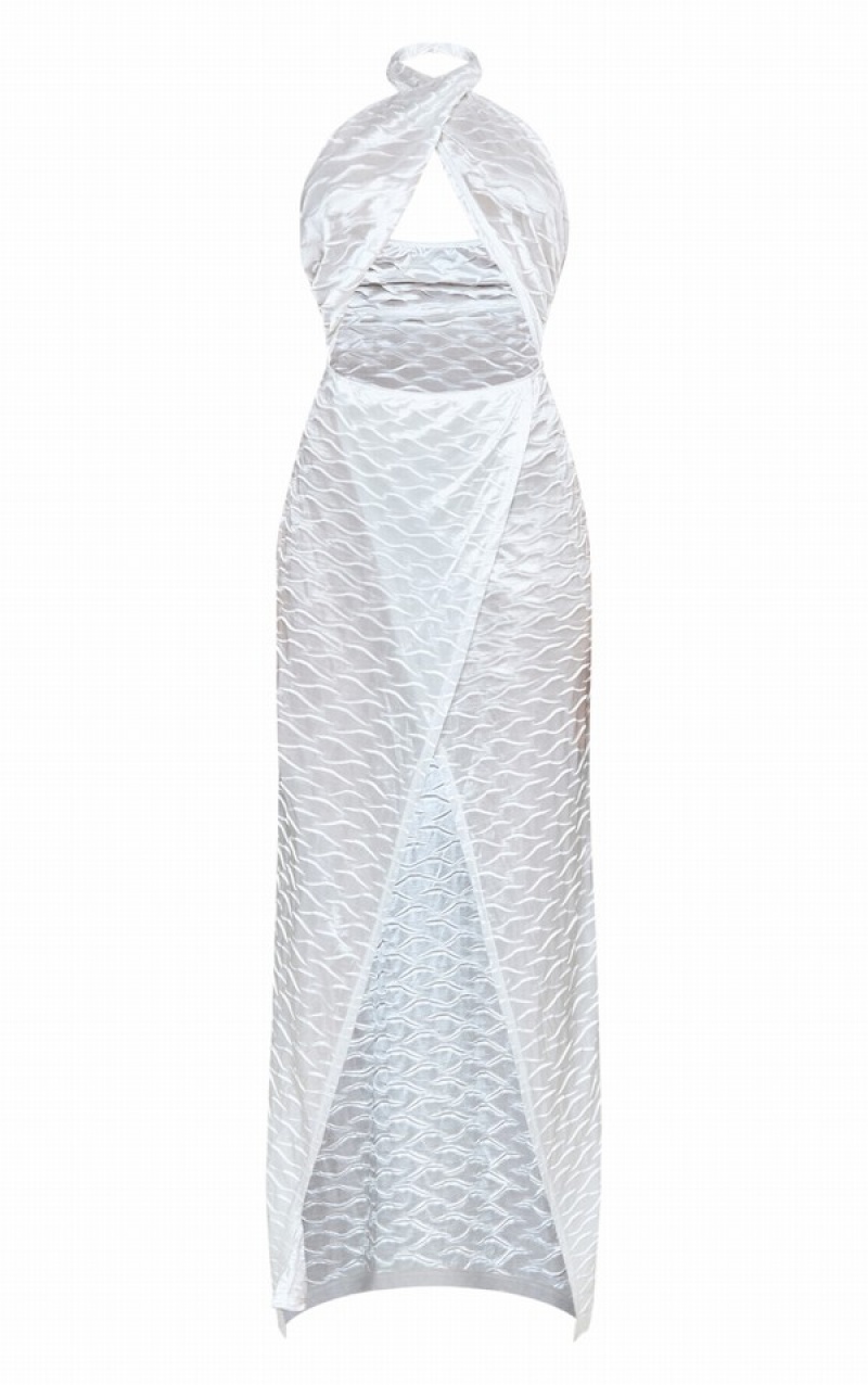 Rochie Pretty Little Thing TextuSatin Halterneck Cut Out Maxi Albi | GLDZ20814