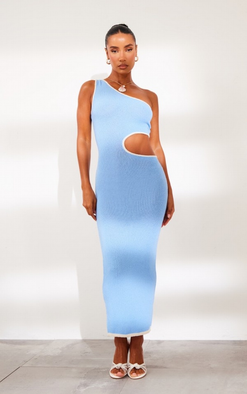 Rochie Pretty Little Thing Towel Knit Cut Out One Sleeve Midaxi Albastri | XMIZ37106