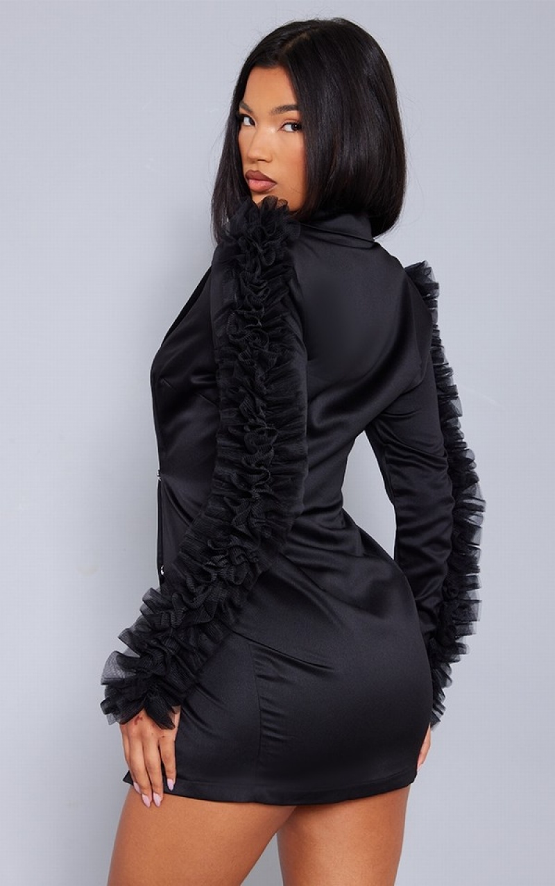 Rochie Pretty Little Thing Tulle Frill Sleeve Satin Negrii | NDLK87215