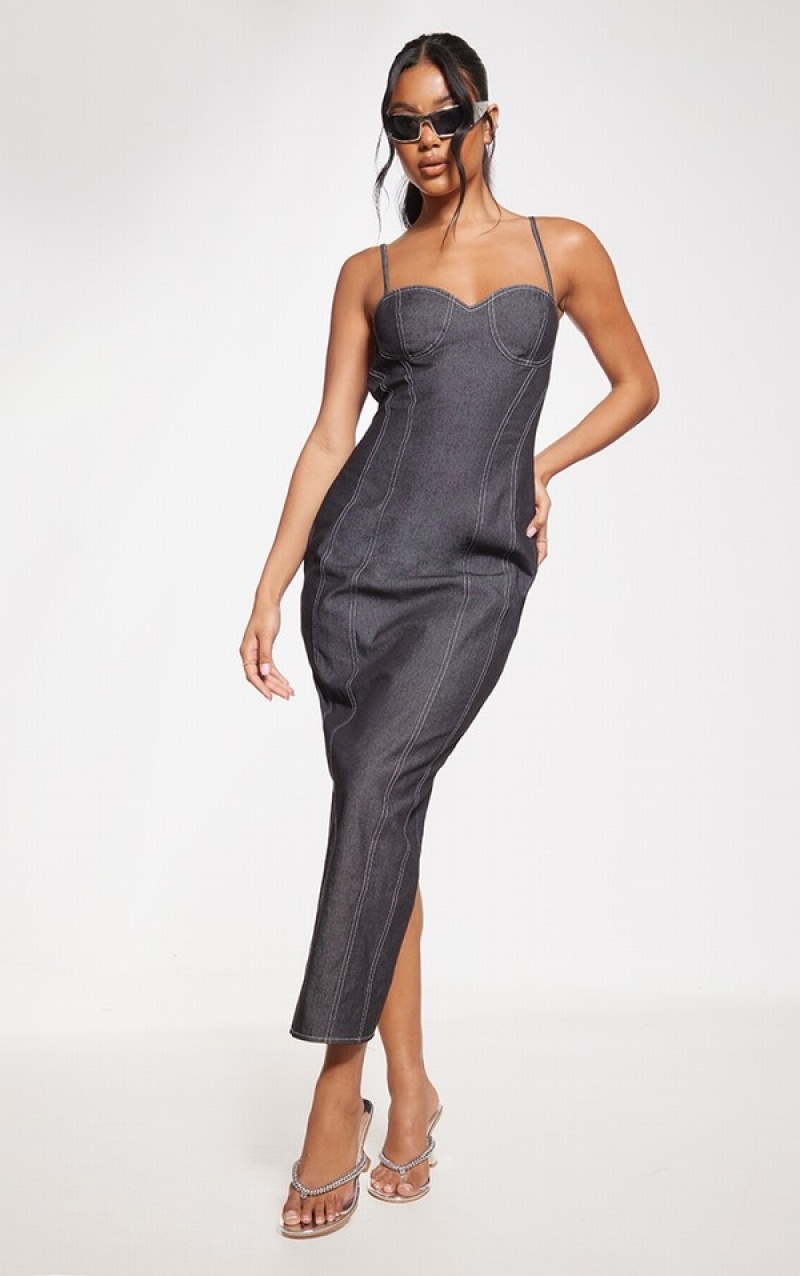 Rochie Pretty Little Thing Twill Contrast Stitch Midaxi Negrii | EUYF20374