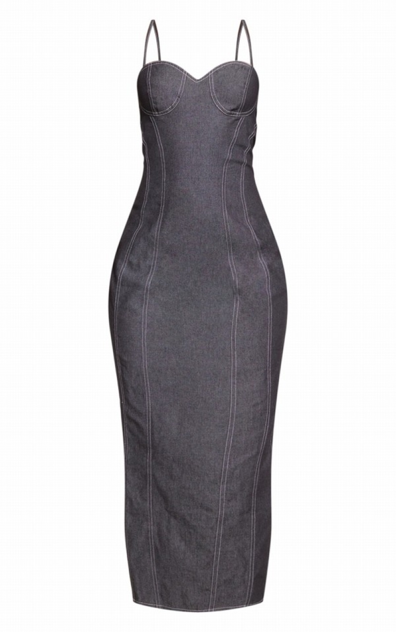 Rochie Pretty Little Thing Twill Contrast Stitch Midaxi Negrii | EUYF20374