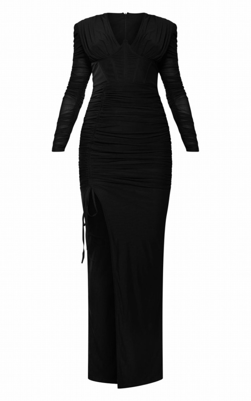 Rochie Pretty Little Thing Underwire Detail Ruched Mesh Midaxi Negrii | GUMR07241