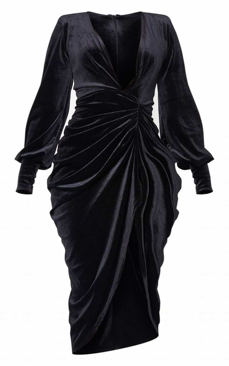 Rochie Pretty Little Thing Velvet Long Sleeve Plunge Draped Negrii | IUYZ13902