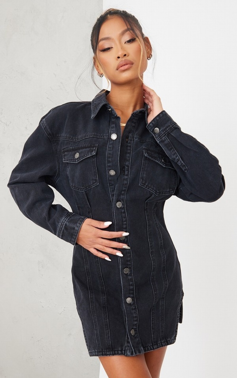 Rochie Pretty Little Thing Washed Seam Detail Long Sleeve Negrii | XWBT65342