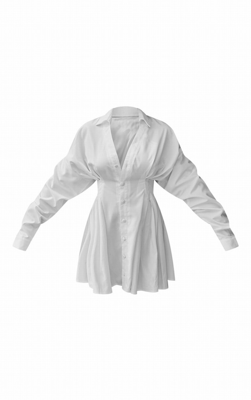Rochie Pretty Little Thing Woven Plisat Talie Oversized Albi | FCHJ50312