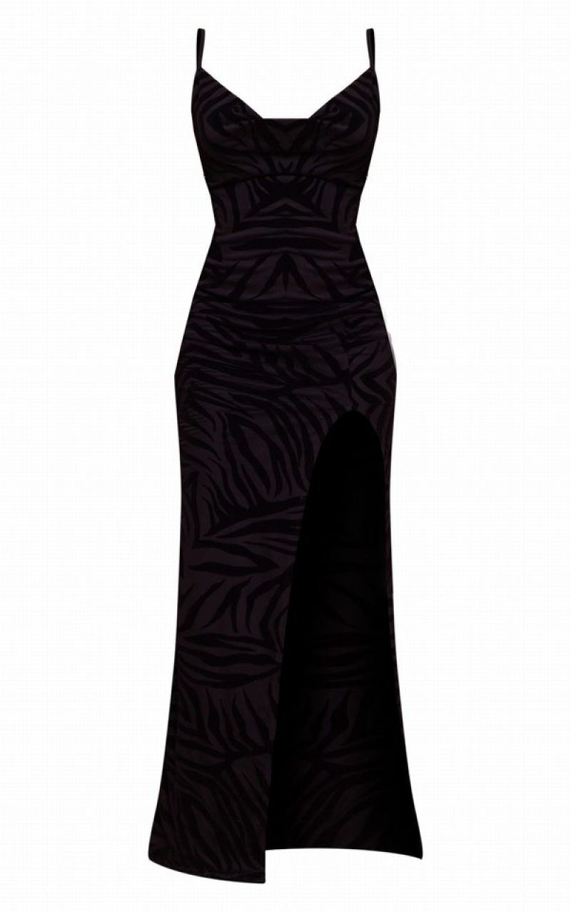 Rochie Pretty Little Thing Zebra Flocked Mesh Cu Bretele Cowl Maxi Negrii | TDSX57108
