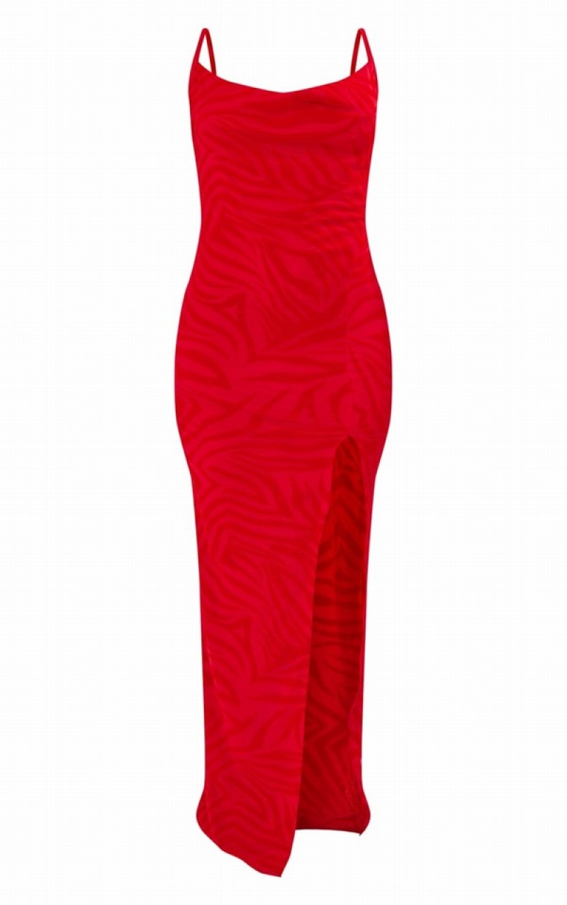 Rochie Pretty Little Thing Zebra Flocked Mesh Cu Bretele Cowl Maxi Rosii | LTAE53248