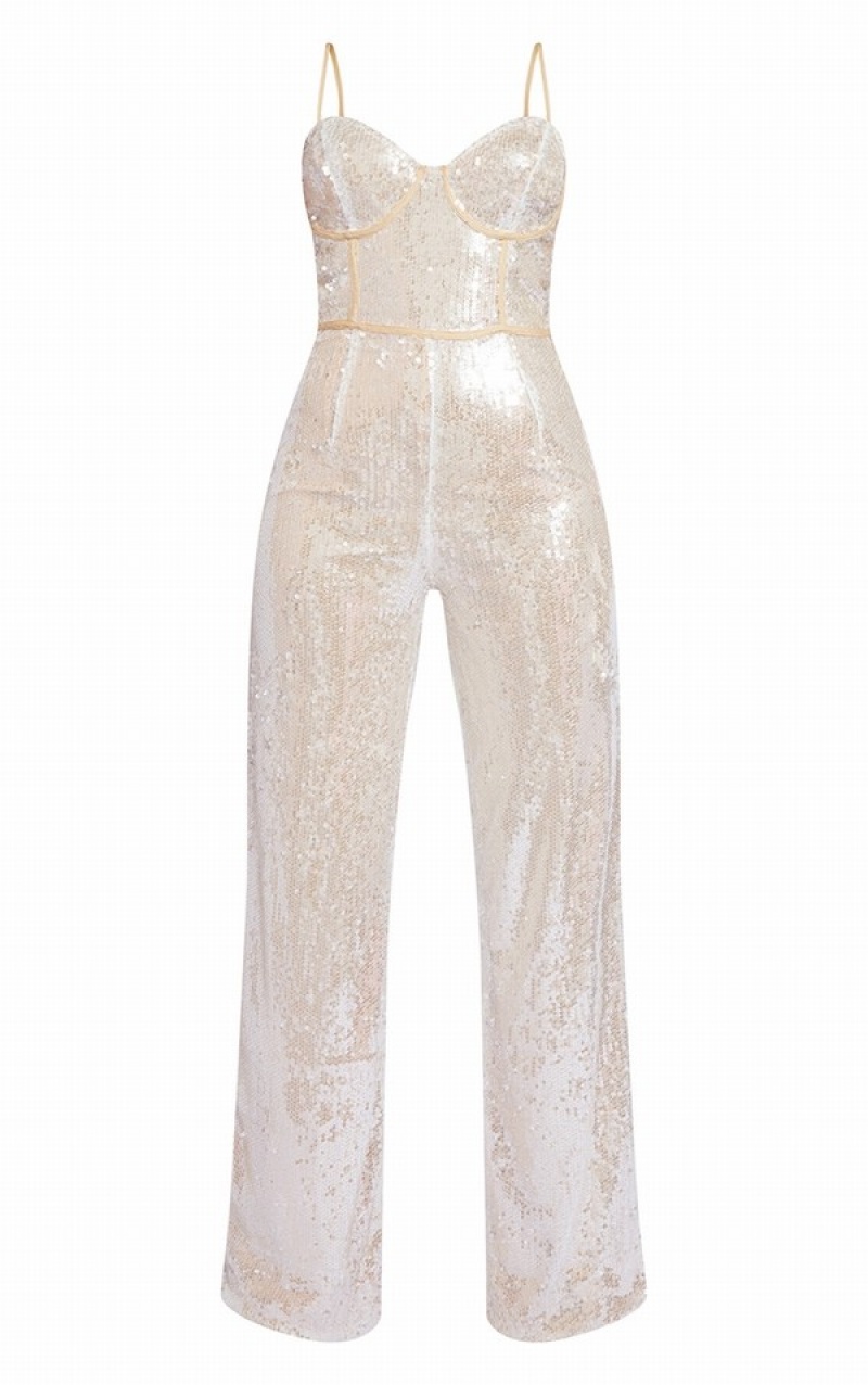 Salopeta Pretty Little Thing Champagne Sequin Binding Detail Cu Bretele Argintii | TUXR21670