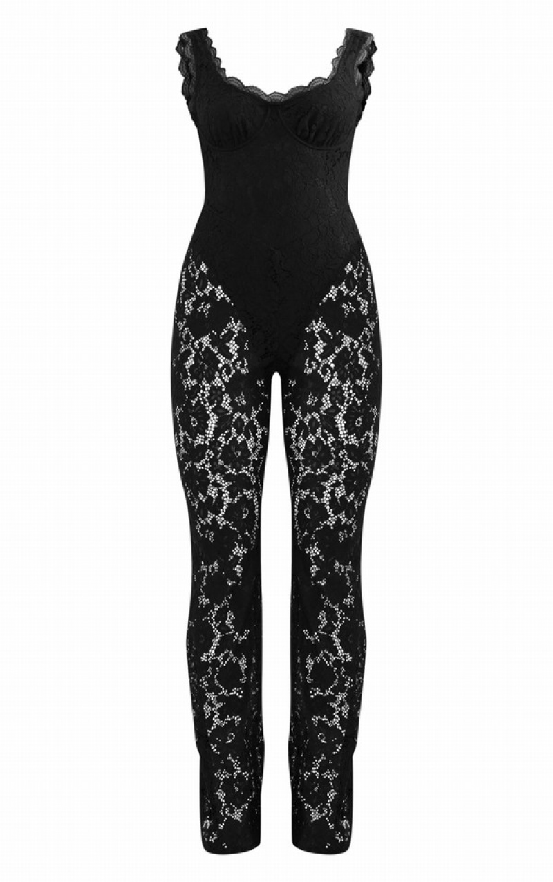 Salopeta Pretty Little Thing Dantela Boning Detail Cu Bretele Flared Negrii | FATI89564