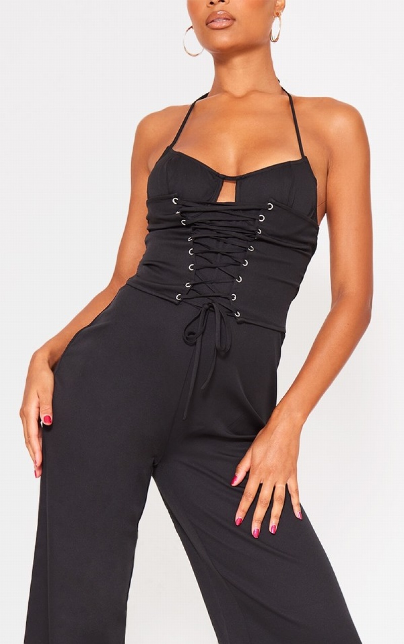 Salopeta Pretty Little Thing Dantela Up Detail UnderwiHalterneck Woven Negrii | FIRJ86190