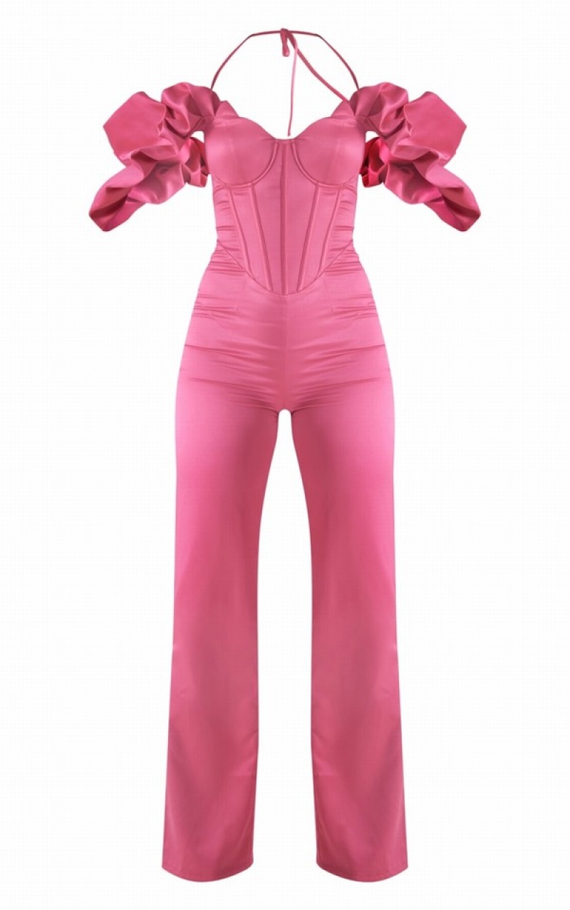Salopeta Pretty Little Thing Hot Ruffle Sleeve Cup Detail Halter Curea Roz | XOCJ17098