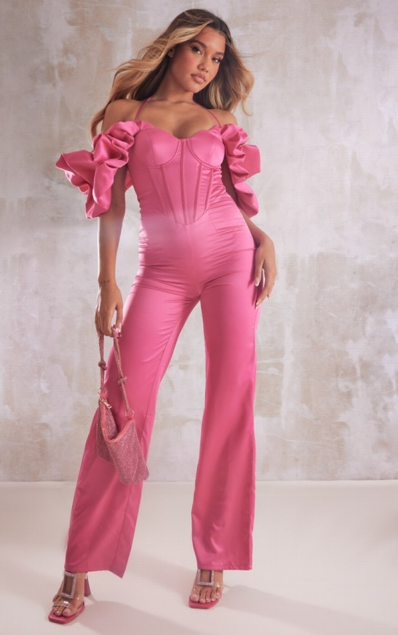 Salopeta Pretty Little Thing Hot Ruffle Sleeve Cup Detail Halter Curea Roz | XOCJ17098