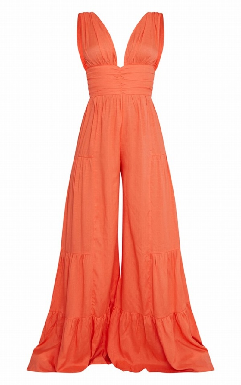 Salopeta Pretty Little Thing Linen Look Plunge TieWide Leg Portocalii | QWGT64752