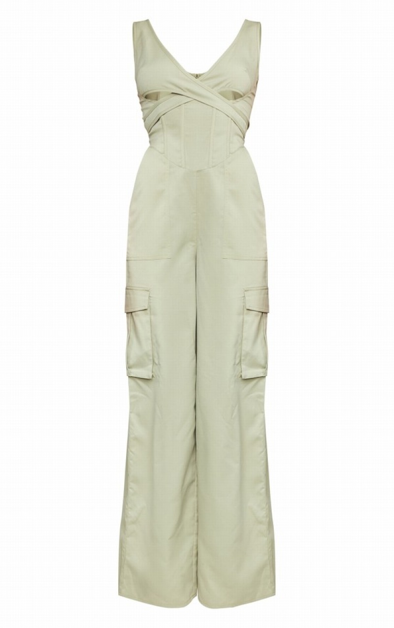 Salopeta Pretty Little Thing Pale Cross Chest Corset Detail Usori Cargo Kaki | QWLO84920