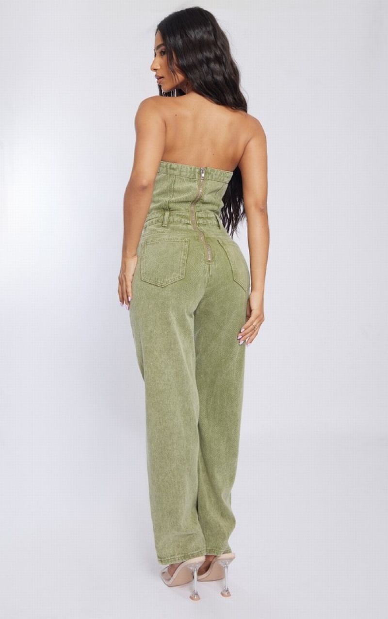 Salopeta Pretty Little Thing Petite Washed Bandeau Kaki | UXVZ05921