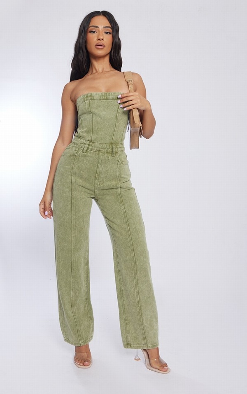Salopeta Pretty Little Thing Petite Washed Bandeau Kaki | UXVZ05921