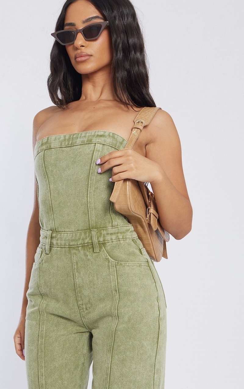 Salopeta Pretty Little Thing Petite Washed Bandeau Kaki | UXVZ05921