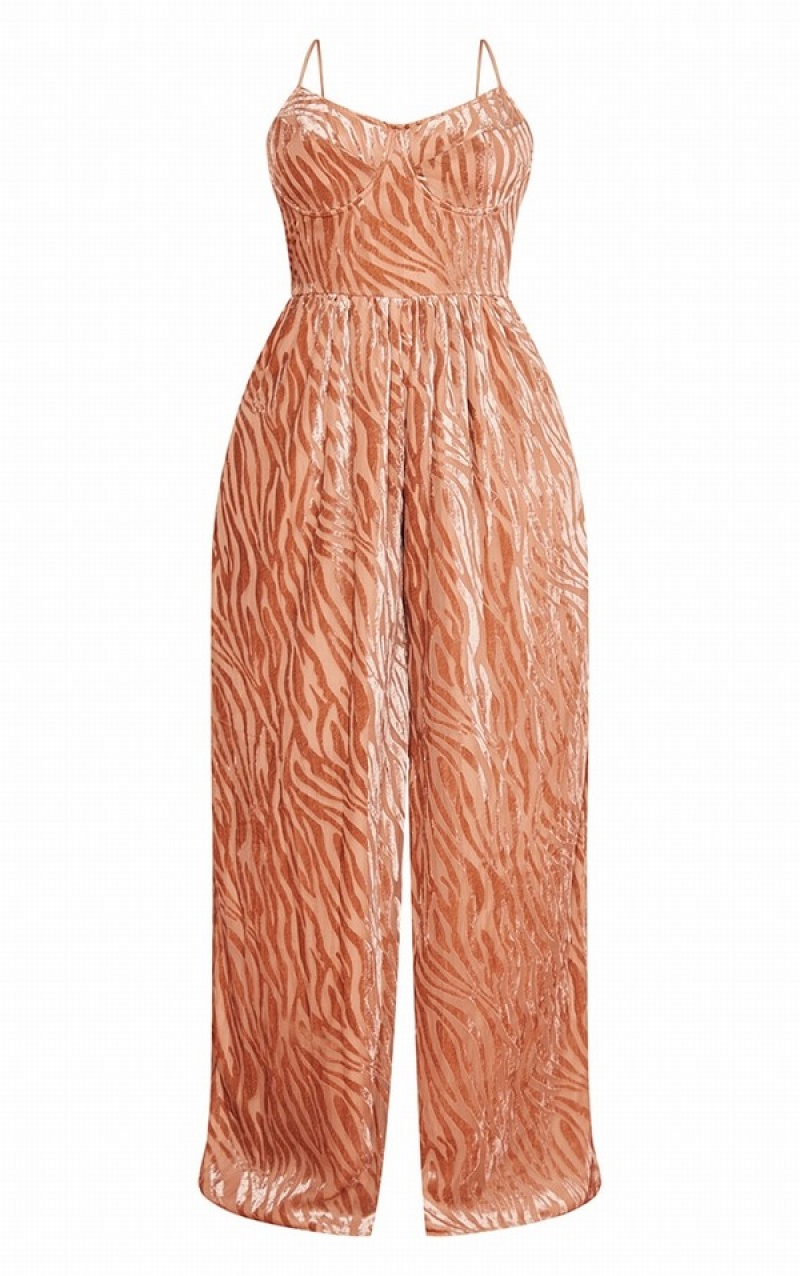 Salopeta Pretty Little Thing Plus Mocha Devore Cup Detail Largi Leg Bej | MJRL59768
