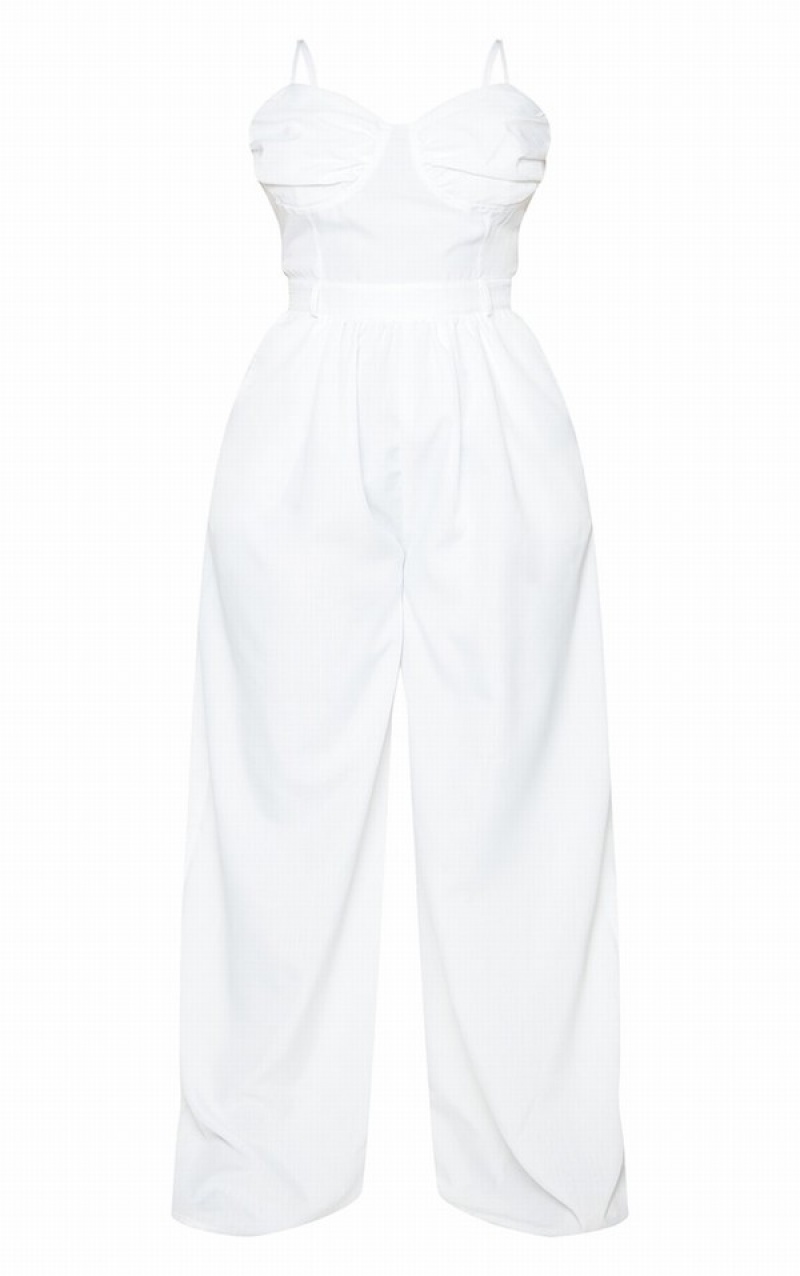 Salopeta Pretty Little Thing Plus Ruched Cup Cu Bretele Largi Leg Albi | YZLE56402