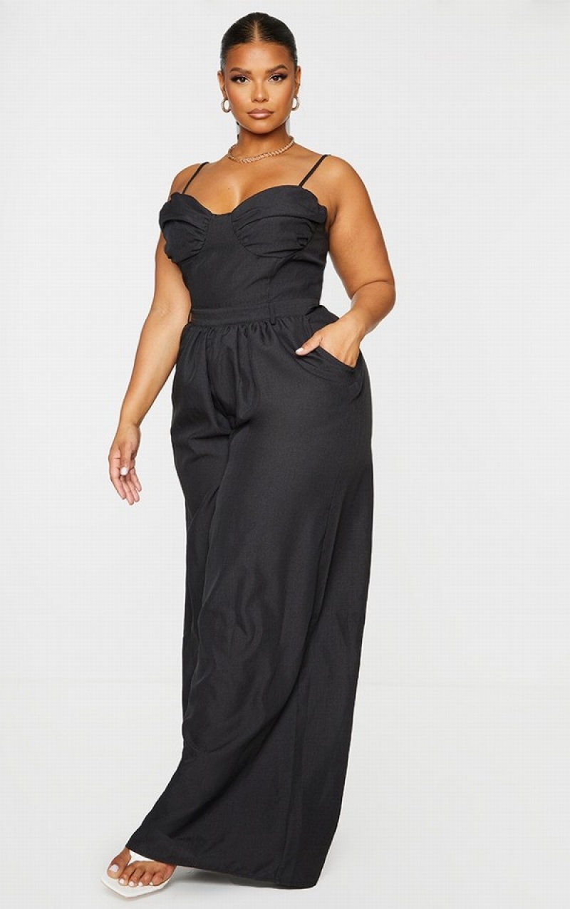 Salopeta Pretty Little Thing Plus Ruched Cup Cu Bretele Largi Leg Negrii | FXHD48205