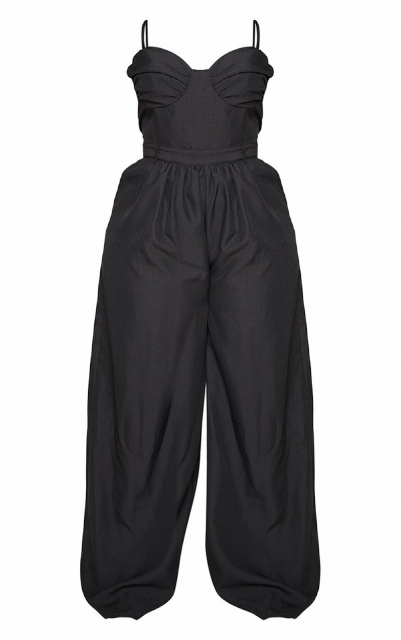 Salopeta Pretty Little Thing Plus Ruched Cup Cu Bretele Largi Leg Negrii | FXHD48205