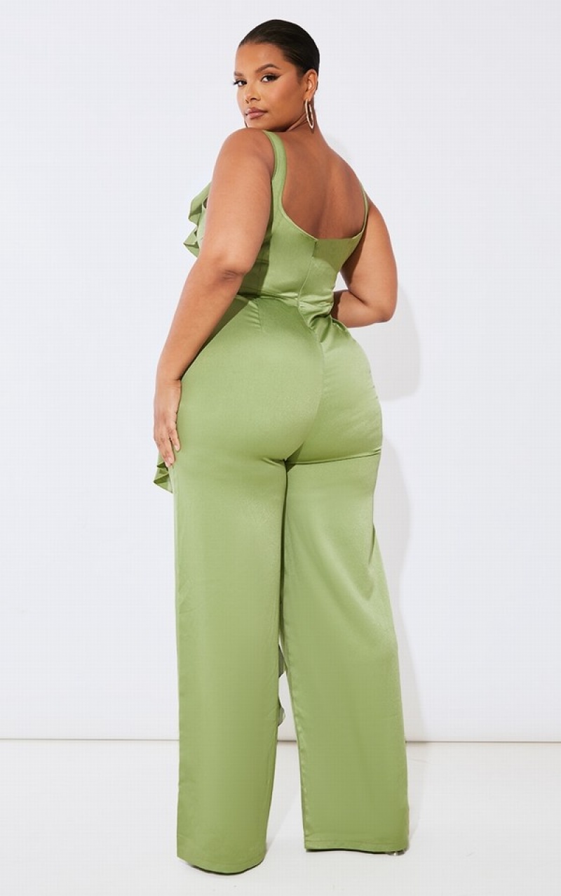 Salopeta Pretty Little Thing Plus Satin Ruffle Front Masline Verzi | PDYU58690