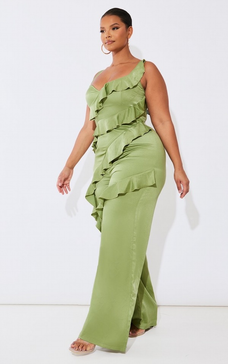 Salopeta Pretty Little Thing Plus Satin Ruffle Front Masline Verzi | PDYU58690