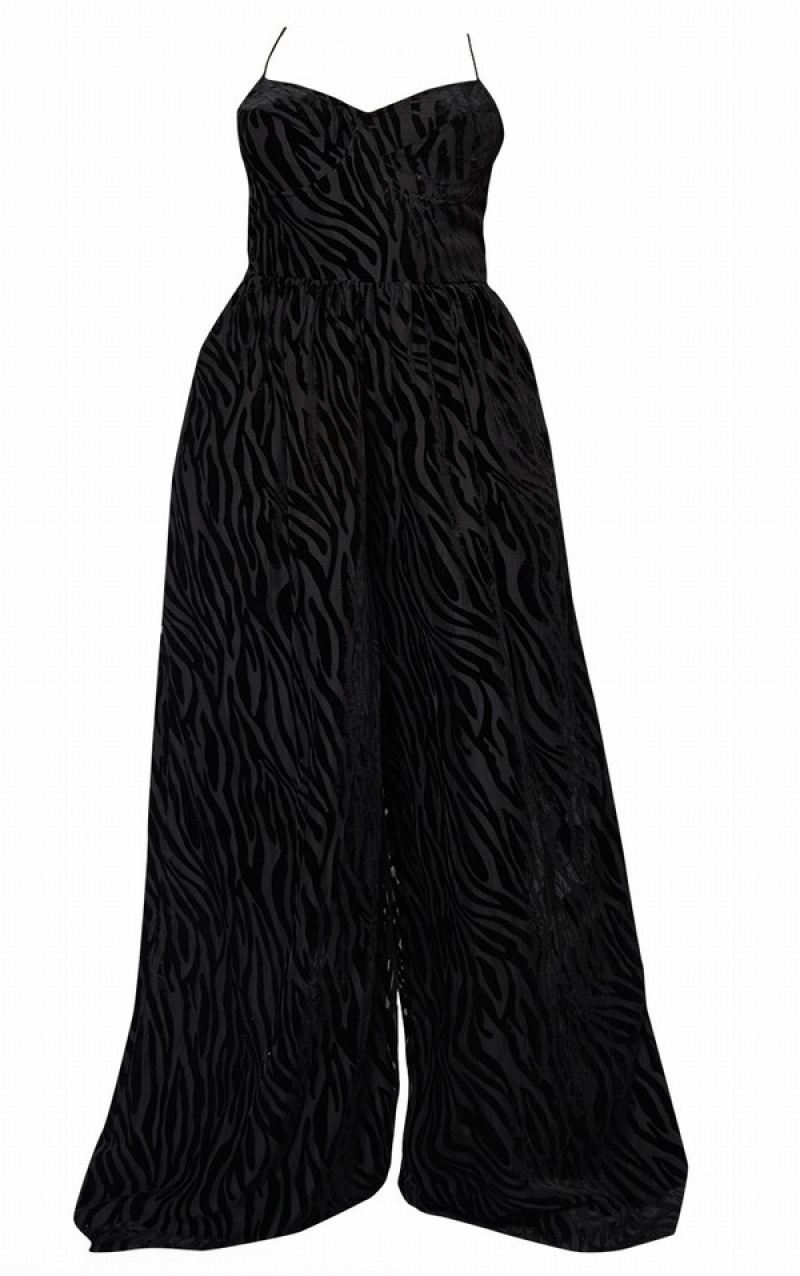Salopeta Pretty Little Thing Plus Zebra Devore Cup Detail Largi Leg Negrii | BCIE01924