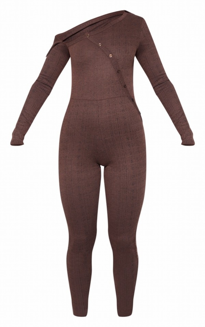 Salopeta Pretty Little Thing Rib Bardot Button Detail Ciocolata | RCUQ94053