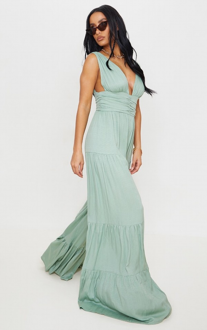 Salopeta Pretty Little Thing Sage Linen Look Plunge TieWide Leg Masline Verzi Verzi | HFVB10928
