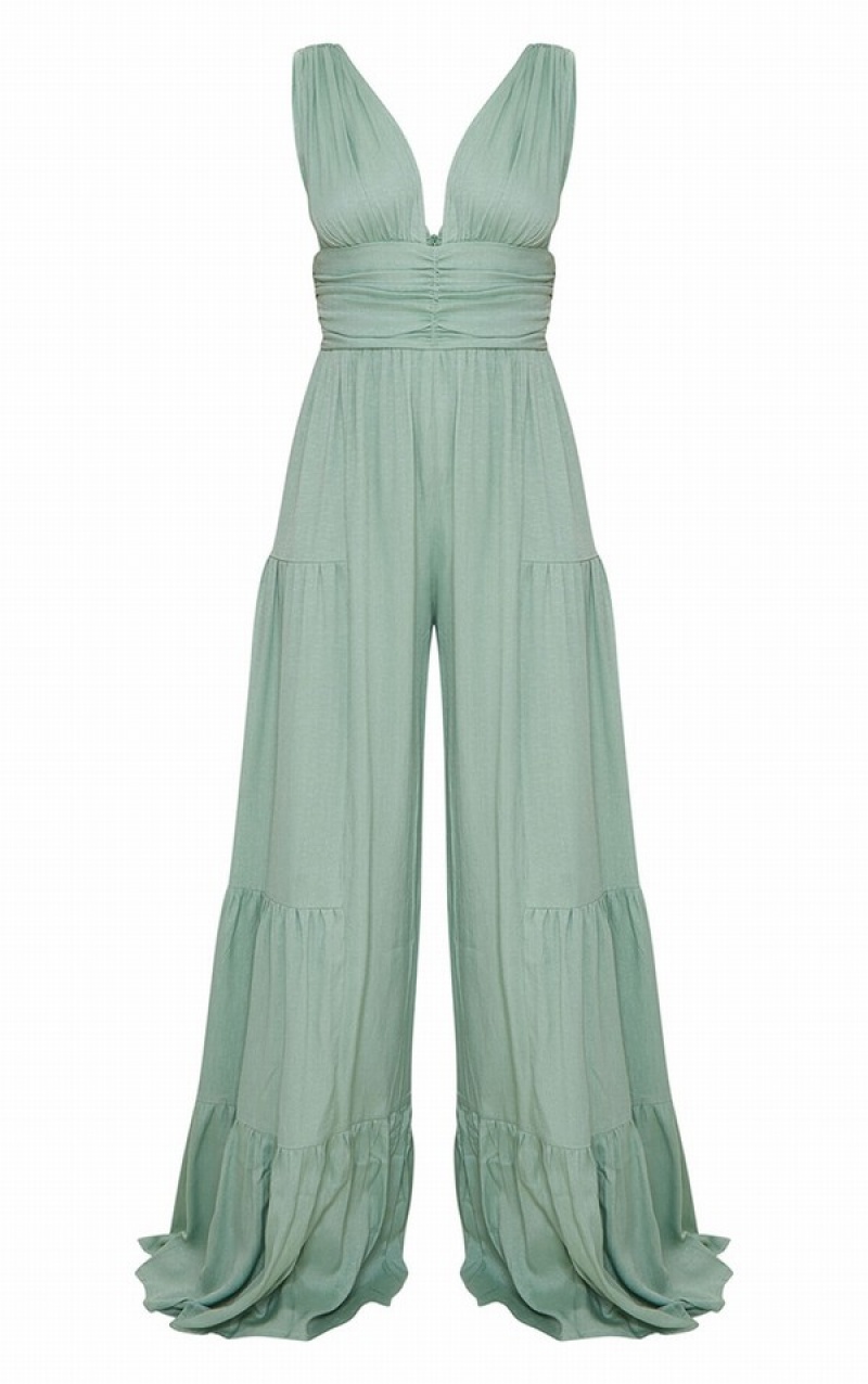 Salopeta Pretty Little Thing Sage Linen Look Plunge TieWide Leg Masline Verzi Verzi | HFVB10928