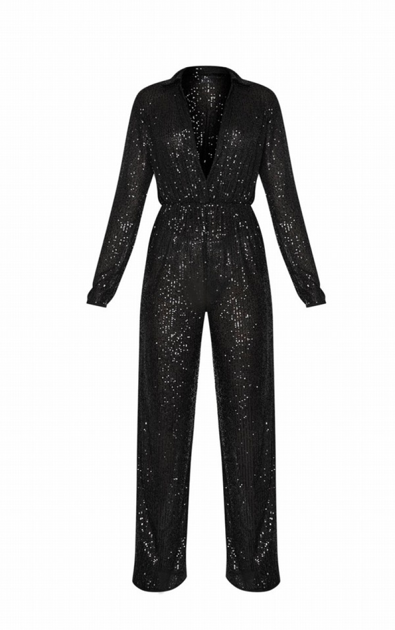 Salopeta Pretty Little Thing Sequin Collar Detail Long Sleeve Negrii | SDOM97124