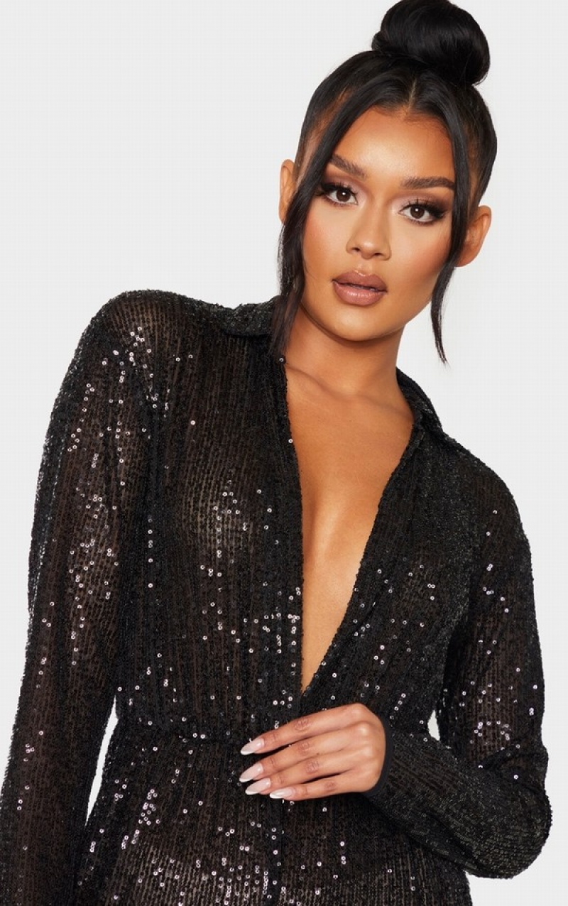 Salopeta Pretty Little Thing Sequin Collar Detail Long Sleeve Negrii | SDOM97124