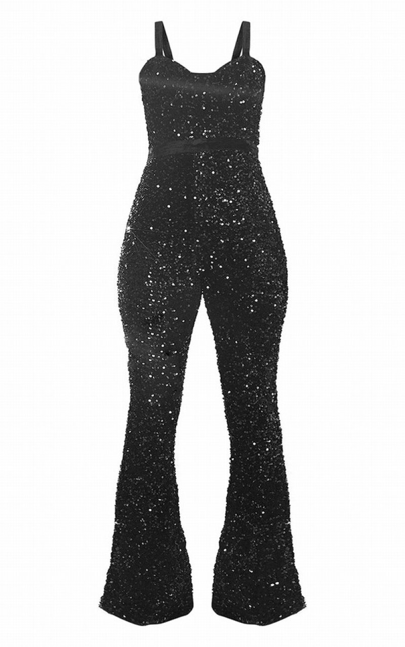 Salopeta Pretty Little Thing Sequin Velvet Waistband Cu Bretele Negrii | VHTM43520